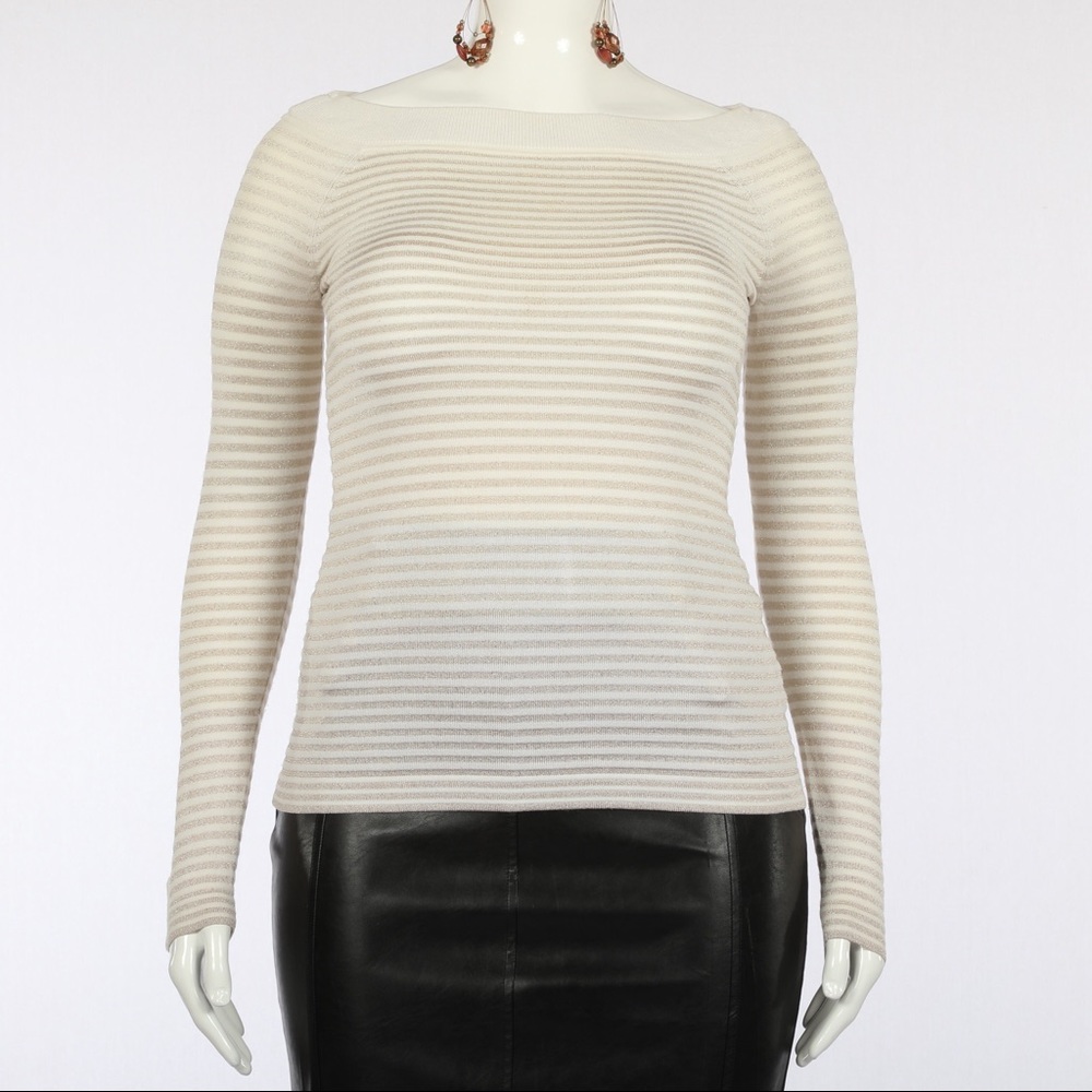 WHBM Cream/Gold Striped Bateau Neck Sweater SZ M